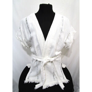 Vintage Handwoven Mexican White Belted Boho Wrap Shirt Women Sz M/L